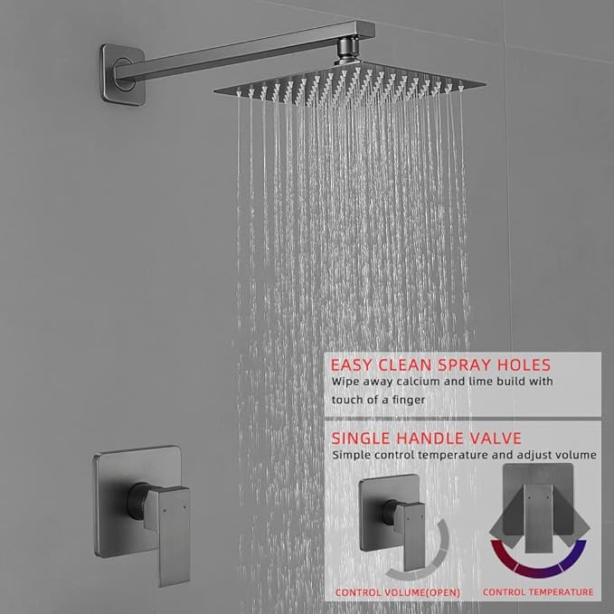 Grey Shower Faucet Set Bathroom Rainfall 8 Inch Shower Head System Single Handle Shower Trim Kit with Rough-in Valve