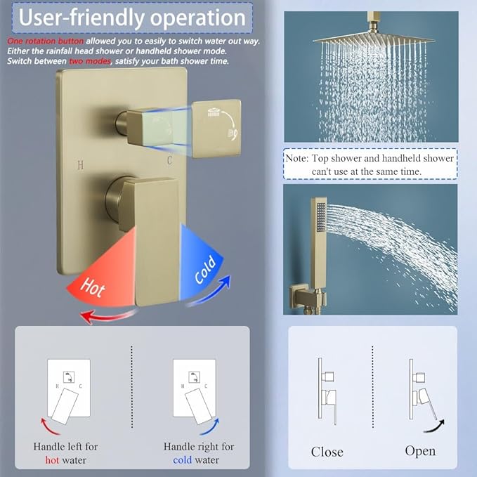 12 Inch Brushed Gold Ceiling Mount Shower System Bathroom Luxury Rain Mixer Shower Combo Set Ceiling Rainfall Shower Head System Faucet Contain Rough-in Valve and Trim Included