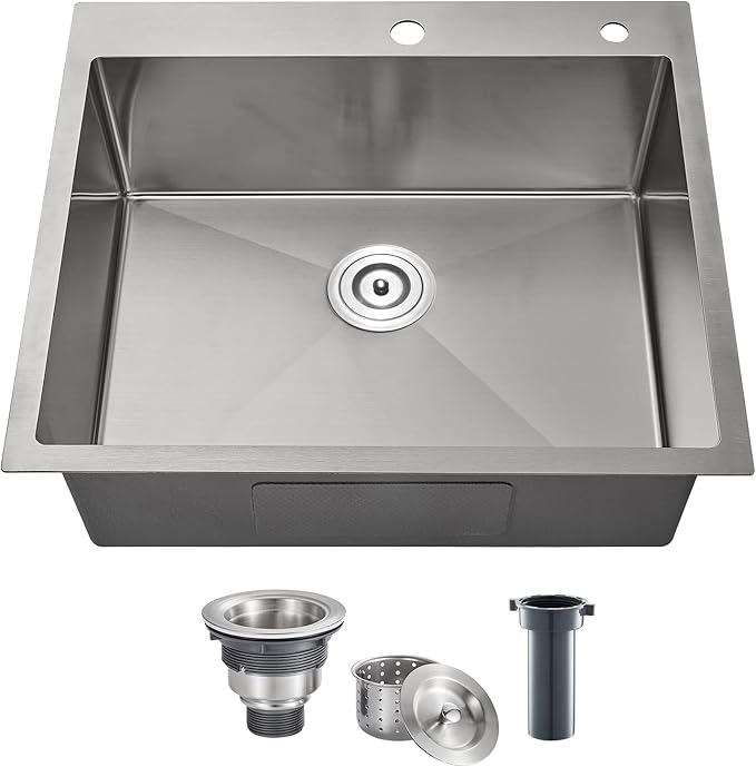 POPFLY 25×18 Inch Drop in Kitchen Sink, 18 Guage 304 Stainless Steel 9 Inch Deep Sink, 25 Inch Topmount Overmount Kitchen Bar Prep Single Bowl Sink with Drain Strainer, Brushed Nickel