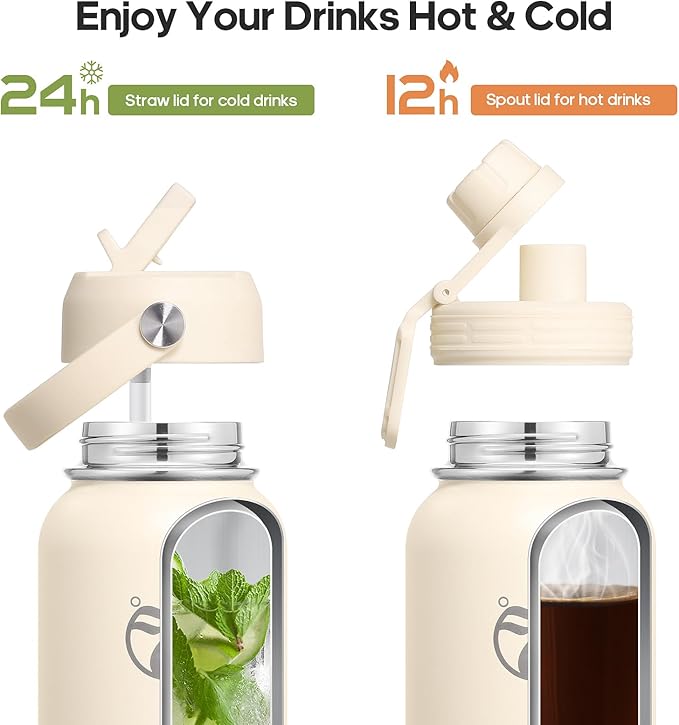 Insulated Water Bottles 32 oz with 2 Leak Proof Lids & Water Bottle Holder, Wide Mouth Sport Water Bottle with Straw, Reusable Stainless Steel Water Flask, Double Walled Vacuum Thermos