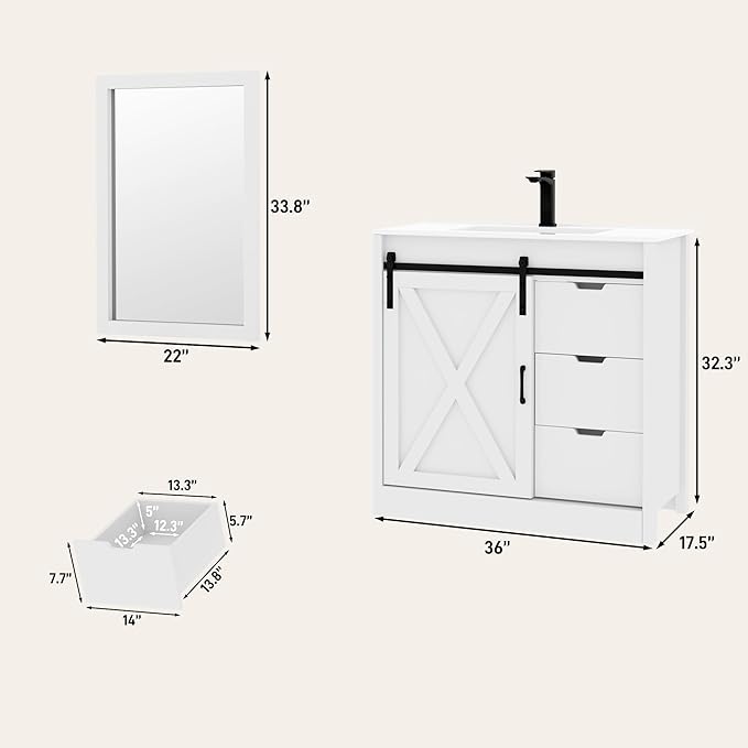 36 Inch Bathroom Vanity with Sink & Faucet & Mirror, Farmhouse Bathroom Vanity Cabinet Set with Sliding Barn Door & Drawers, Small Single Bath Storage Vanity Sink, White