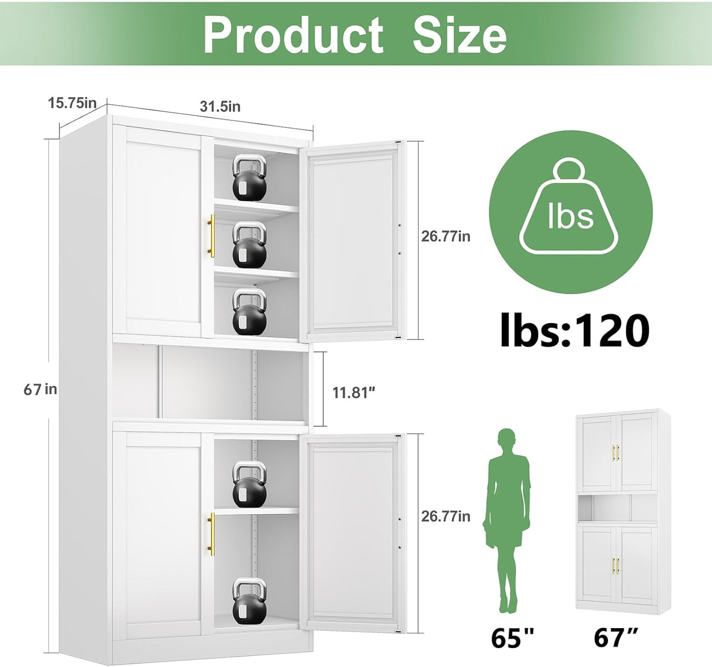 Tall Pantry Cabinet 67" H Metal Cabinet with 4 Doors, Bathroom Cabinets, 3 Adjustable Shelves for Kitchen, Home Office, Living Room, Dinning Room
