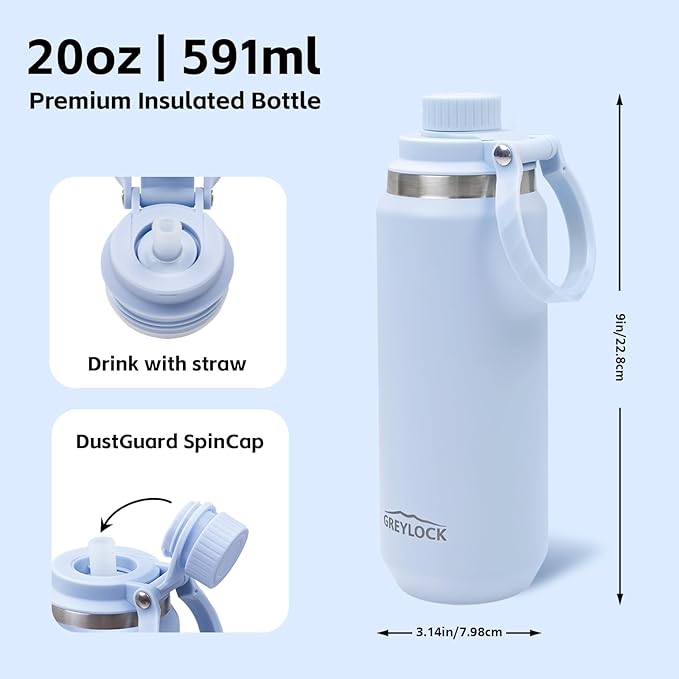 Greylock 20 oz Water Bottle Insulated, BPA-Free Reusable Water Bottles Stainless Steel, Leak Proof Kids Travel Water Bottle with Straw Lid, Double-Wall Vacuum Insulation, 24 Hours Cold (Glacier Blue)