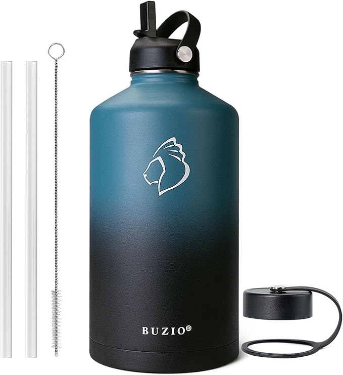 BUZIO 1 Gallon Water Jug with Straw Lid, 128oz Water Bottle Stainless Steel Double Wall Hydro Jug Water Flask 18/8 Food Grade Thermo Mug Keep Cold 48H & Hot 24H, Indigo Crush