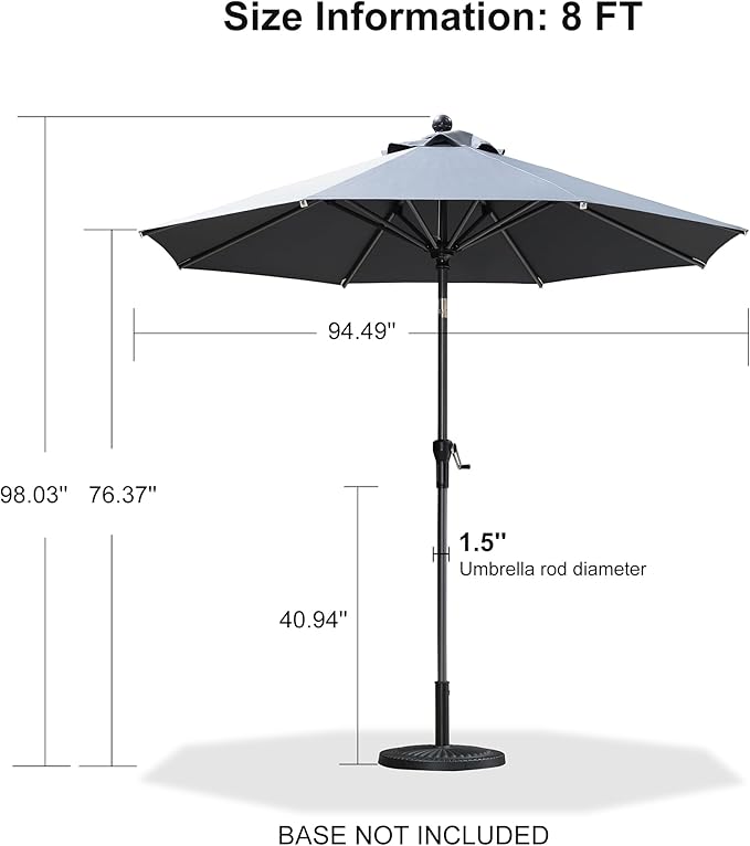 PURPLE LEAF 8' Round Patio Umbrella Outdoor Table Umbrella Aluminum Frame Market Umbrella Sun Umbrella with 8 Sturdy Ribs & Tilt for Garden Deck Lawn & Pool Gray