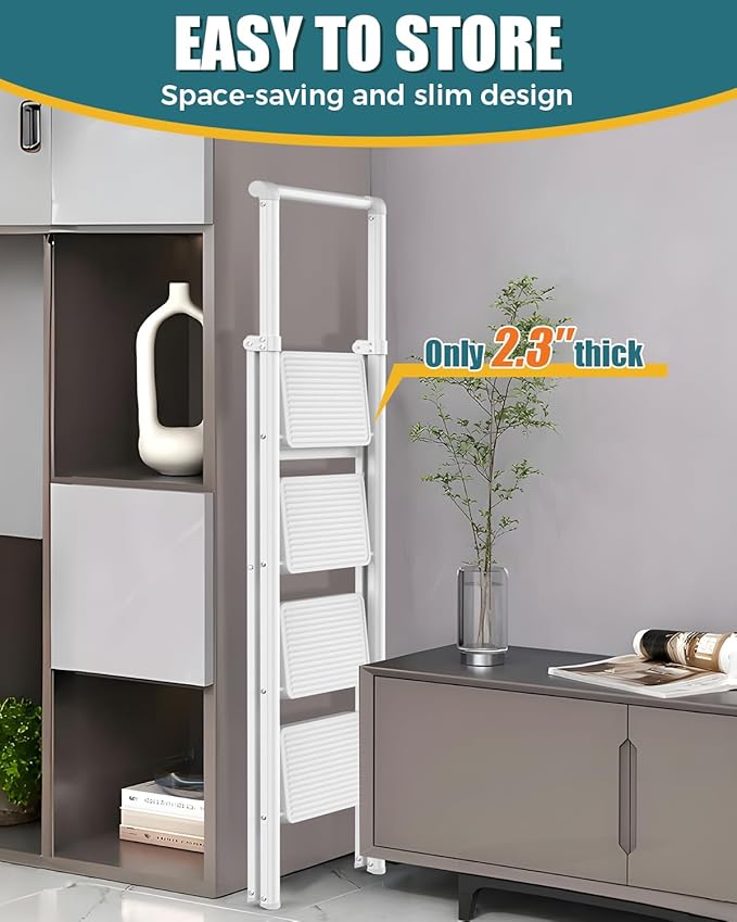 GORWARE 4 Step Ladder, Foldable Step Stools 330lbs Lightweight Sturdy Steel Ladder, Portable Folding Stepladder for Home Kitchen Office Garden, White