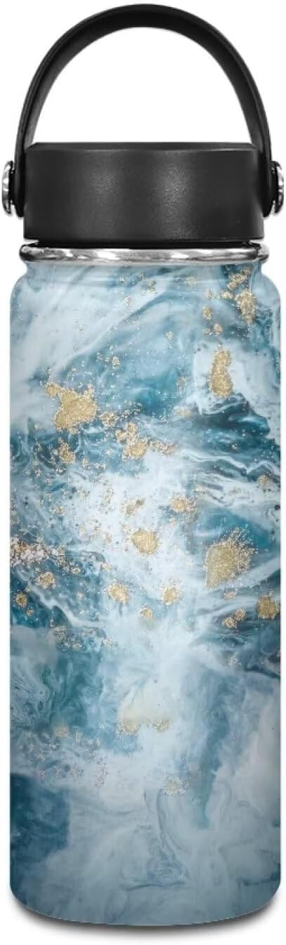 Marble Print Insulated Water Bottle 18 Oz, Vacuum Stainless Steel Sports Water Jug Flask with Handle, Leak Proof Wide Mouth Reusable Mug for Daily Use