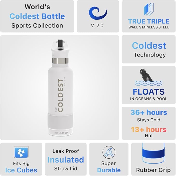 Coldest Water Bottle with Standard Mouth Straw Lid Metal Thermos Vacuum Insulated Stainless Steel l Reusable Leak Proof Cupholder Flask (21 oz, Epic White)