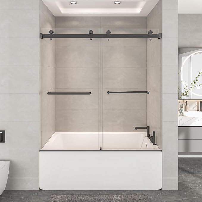 54"-60" W x 60" H Frameless Bathtub Shower Door, Double Sliding Shower Door,5/16"(8mm) Clear Tempered Glass,Easy Sliding Tub Shower Door with Explosion-Proof Film (Matte Black 60" Wx60 H)