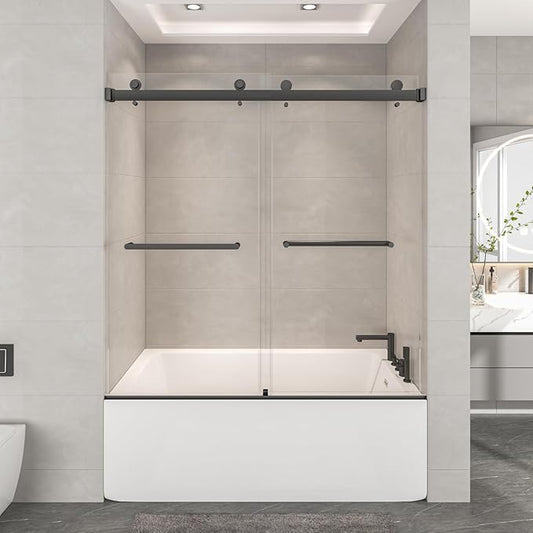 54"-60" W x 60" H Frameless Bathtub Shower Door, Double Sliding Shower Door,5/16"(8mm) Clear Tempered Glass,Easy Sliding Tub Shower Door with Explosion-Proof Film (Matte Black 60" Wx60 H)