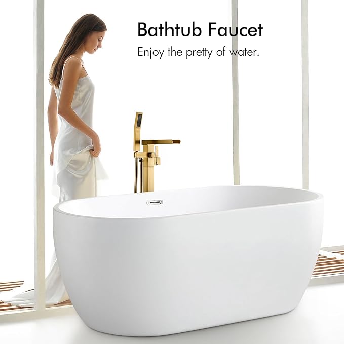BAGNOLUX Solid Brass Floor Mount Bathtub Faucet Free Standing Tub Faucet Freestanding Tub Filler Brushed Brass High Flow Rate Swivel Spout with Hand Shower, YGSLT-Waterfall Brushed Gold