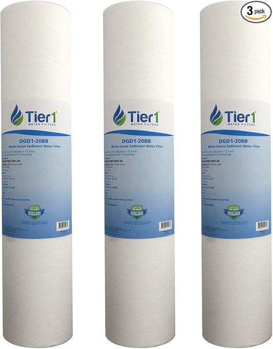 Tier1 1 Micron 20 Inch x 4.5 Inch | 3-Pack Spun Wound Polypropylene Whole House Sediment Water Filter Replacement Cartridge | Compatible with Pentek DGD-2501-20, 155360-43, P1-20BB, Home Water Filter