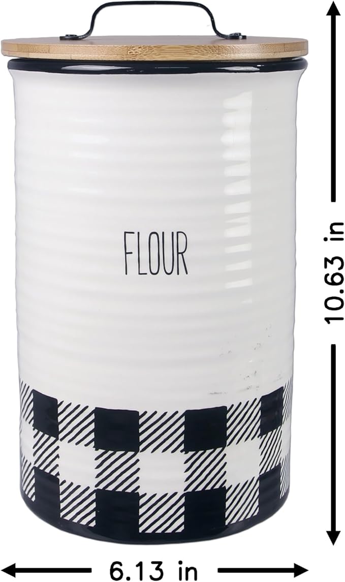 Young's Inc. 4 Pcs Set Plaid with Bamboo Lids Ceramic Canisters- Storage Container for Kitchen and Bathroom - Beautiful Home Decor Accent to Store Food, Coffee, Tea, and More - Black, White