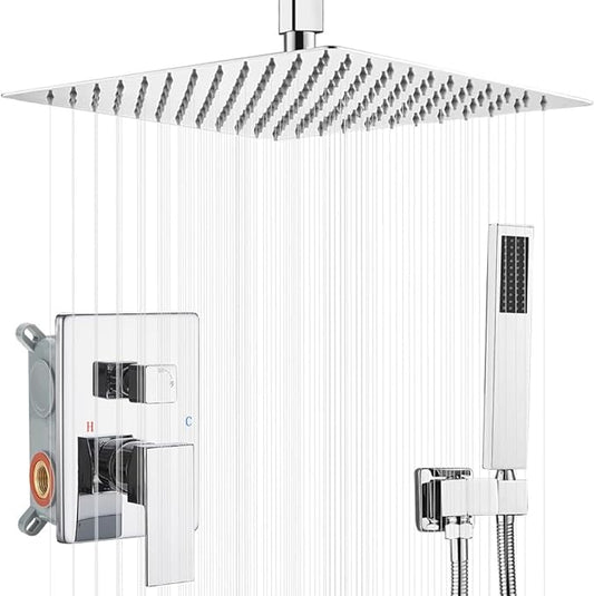 16 Inch Ceiling Mount Polished Chrome Shower System Bathroom Luxury Rain Mixer Shower Combo Set Ceiling Rainfall Shower Head System (Contain Shower Faucet Rough-in Valve Body and Trim)