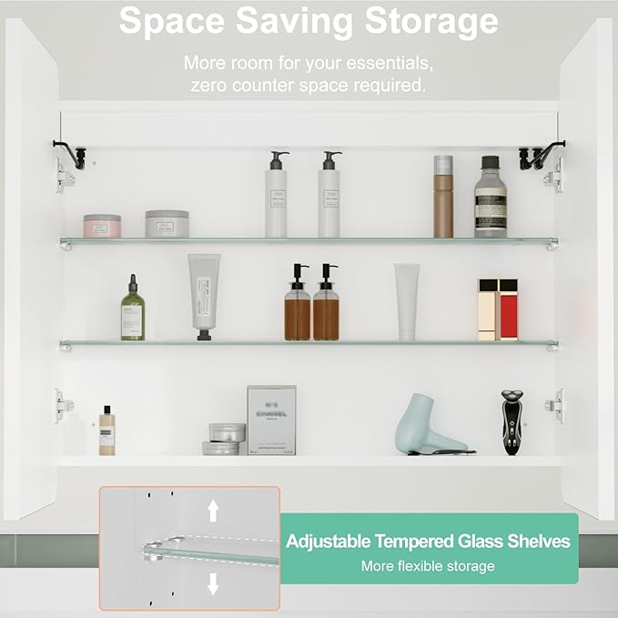 32x30 Inch Medicine Cabinet with Mirror, Recessed or Surface Mount Bathroom Medicine Cabinet with LED Lights, Anti-Fog, Memory Function, Adjustable Shelf, Dimmable Light, ETL Listed, White