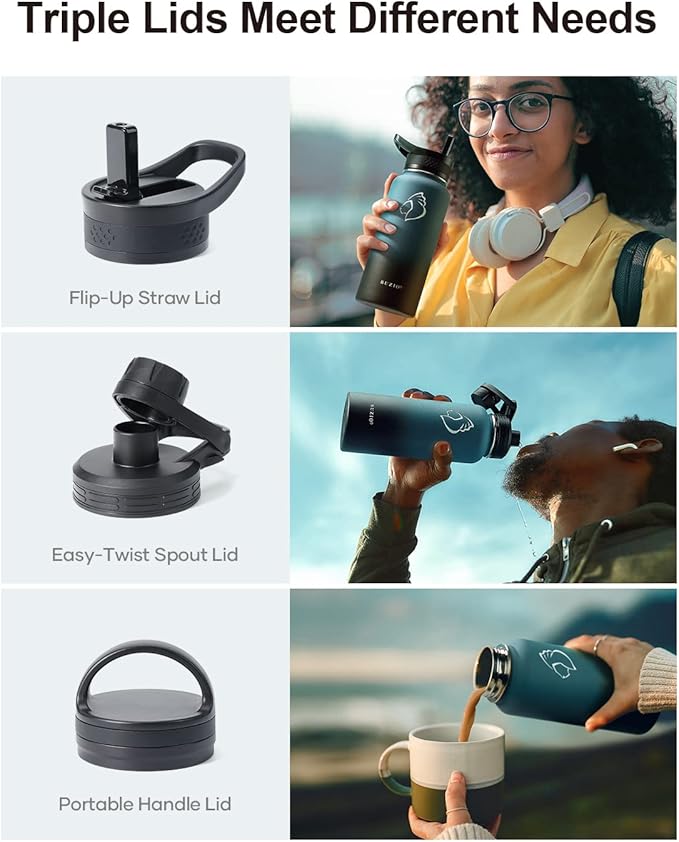 BUZIO Water Bottle with Straw lid, Spout Lid, Hand Lid and Carrying Pouch, 32oz 40oz 64oz Stainless Steel Water Flask Jug, Cold for 48 Hrs Hot for 24 Hrs Double Vacuum Thermo Canteen Mug, BPA-Free