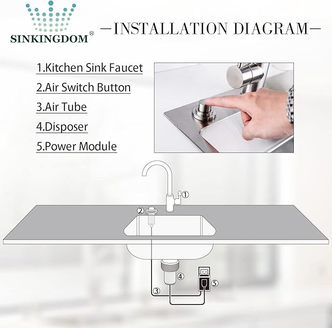 SinkTop Air Switch Kit (Long Full Brass Button) for Garbage Disposal, Cordless Brushed Nickel
