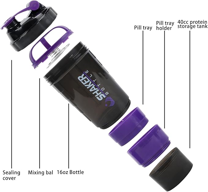 Shaker Bottle - Protein Shaker Cup with Storage Compartments - Leak-proof Workout Shake Bottles with Mixer for Smooth Mixing-500ML/16oz (PURPLE & BLACK)
