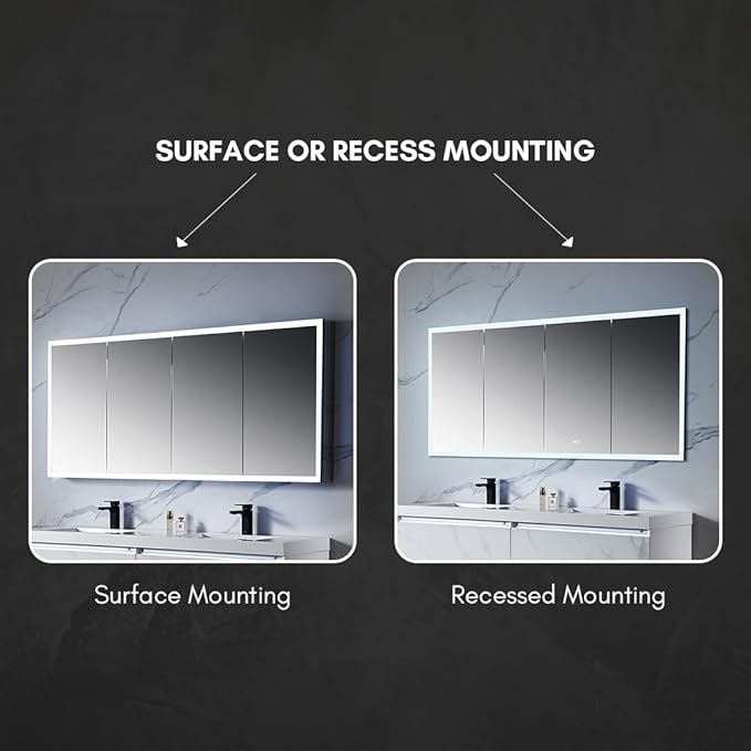 Blossom LED Mirror Medicine Cabinet with Lights, 72x32 Inch | Wall Mounted LED Lighted Bathroom Medicine Cabinet | Recessed or Surface with Defogger, 3 Color Dimmer | Makeup Mirror with Lights