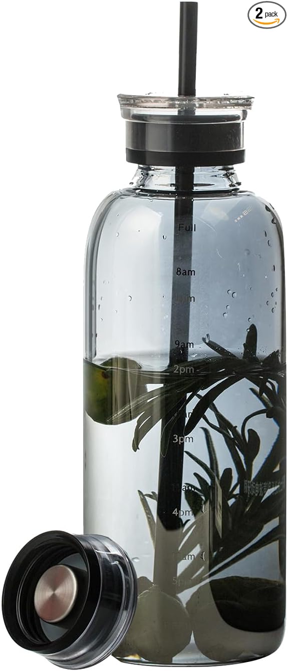 Glass water bottle With Time Marker -24oz with 2 caps and straw,Reusable Glass Drinking Bottles，Suitable For Drinks, Juices, Sodas, Coke, As Gifts Etc (Smoky 24oz)