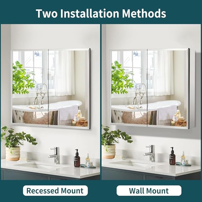 Movo Double Doors Medicine Cabinet with Mirror, 30 inch X 26 inch Aluminum Bathroom Medicine Cabinet, Adjustable Glass Shelves, Waterproof and Rust-Resist, Recess or Surface Mount