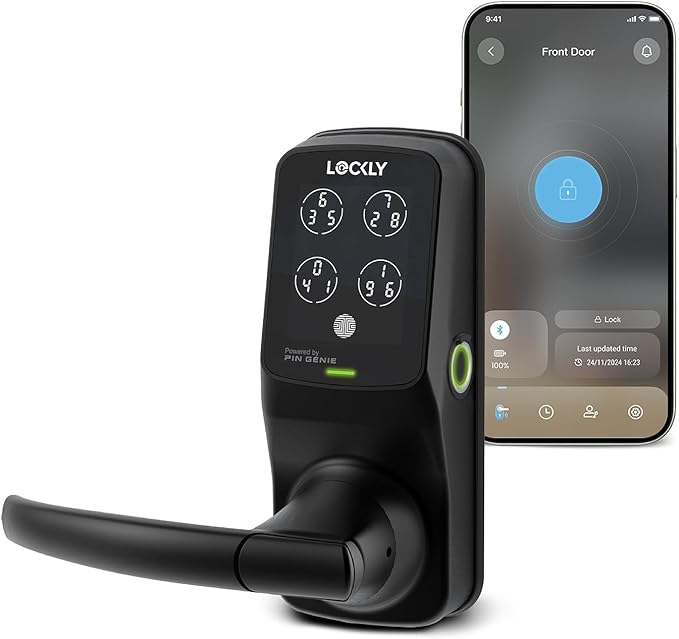 Lockly Secure Plus Bluetooth Smart Door Lock, Keyless Entry with PIN Genie® Digital Keypad, 3D Biometric Fingerprint Sensor Front Door Lock with Handle, Voice Control & Auto Lock - Latch Edition