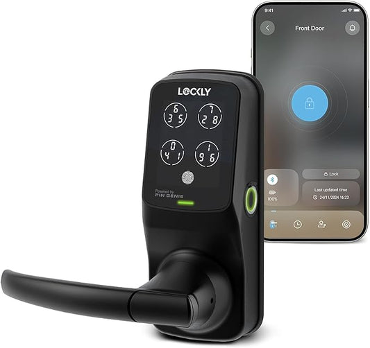 Lockly Secure Plus Bluetooth Smart Door Lock, Keyless Entry with PIN Genie® Digital Keypad, 3D Biometric Fingerprint Sensor Front Door Lock with Handle, Voice Control & Auto Lock - Latch Edition