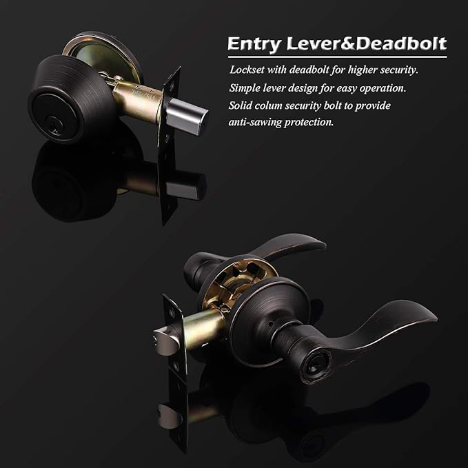 Oil Rubbed Bronze Entry Levers and Single Cylinder Deadbolt Locksets with Same Key,Keyed Alike Entrance Locks,Drop/Wave Lever Style,10Pack