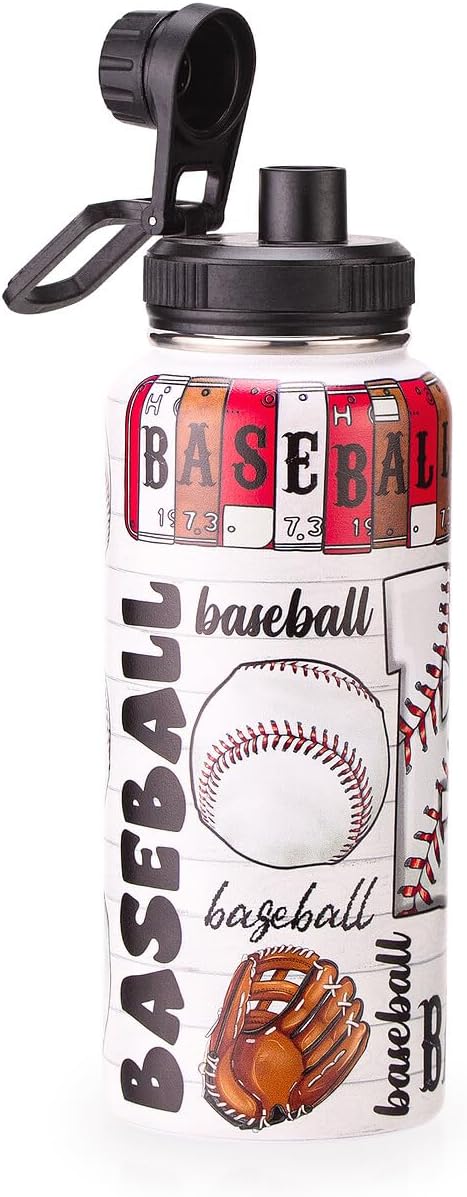 Cutiset 32 oz Baseball Water Bottle with Lids, Stainless Steel Leak Proof Sports Water Flask, Vacuum Metal Water Bottle,Baseball
