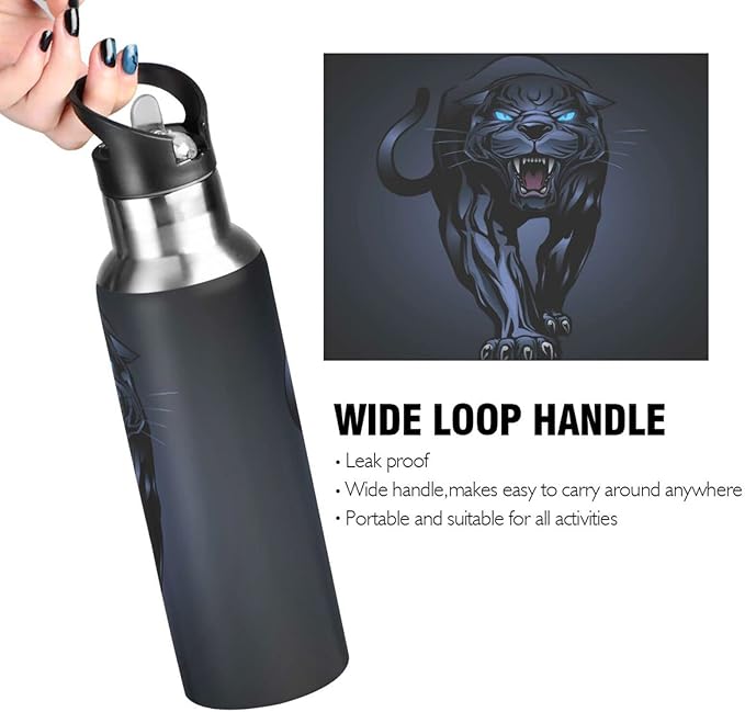 senya 20 Oz Water Bottle with Straw Roaring Black Panther Stainless Steel Water Bottle for Traveling Sports Leakproof Insulated Water Bottle