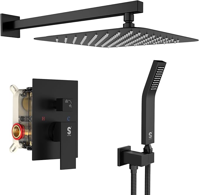 SR SUN RISE 12 Inches Matte Black Shower System 12 Inch Brass Bathroom Luxury Rain Mixer Shower Combo Set Wall Mounted Rainfall Shower Head System Shower Faucet Rough-in Valve Body and Trim Included