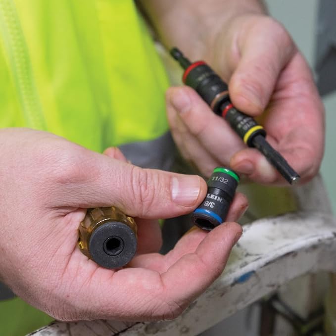 Klein Tools 32907 Impact Driver, 7-in-1 SAE Impact Socket Set, Flip Socket Set with 1/4, 5/16, 11/32, 3/8, 7/16 and 1/2-Inch Nut Driver Sizes and 1/4-Inch Bit Holder, 5-Inch Shaft