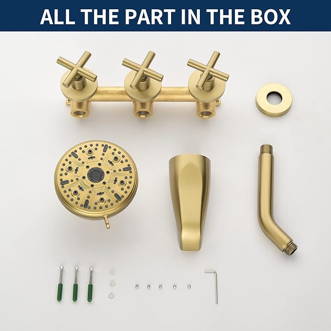 3 Handles Shower Faucet Set with Tub Spout Bathtub Shower Faucet Combo Set Shower System Complete Tub and Shower Trim Kit Brushed Gold