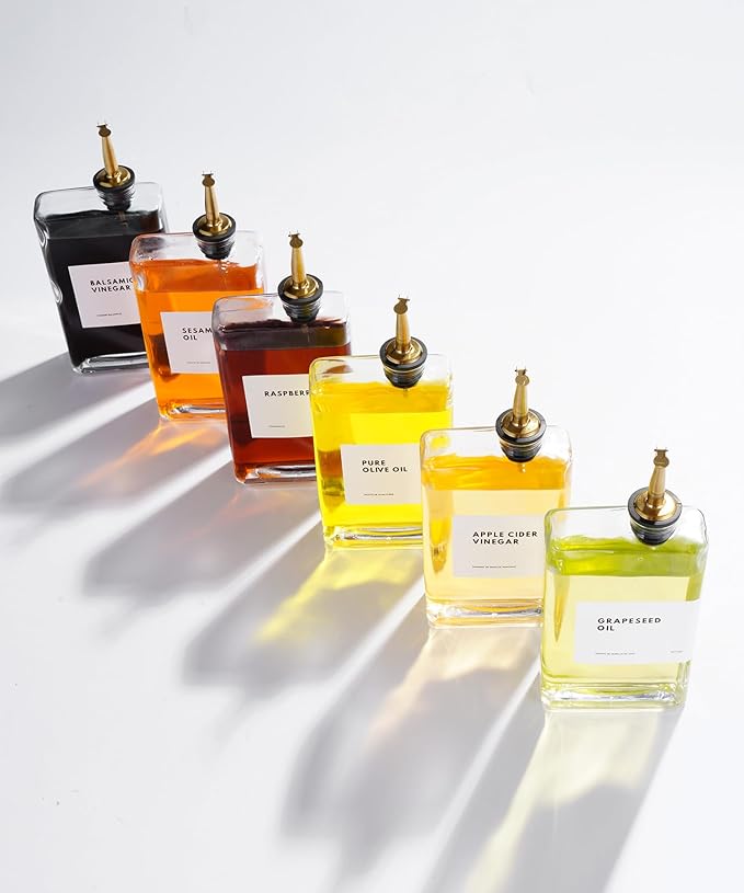 Olive Oil Dispenser for Kitchen, Cooking Oil and Vinegar Dispenser Set, Olive Oil Bottle, Soy sauce dispenser, coffee syrup bottles with stainless steel pourers - 4 pcs, Gold