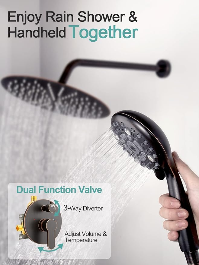 SR SUN RISE 12 Inch Oil Rubbed Bronze Shower System, Wall-Mount Adjustable 16-Inch Slide Bar with 6-Function Hand Shower Faucet Included Valve and Trim Kit