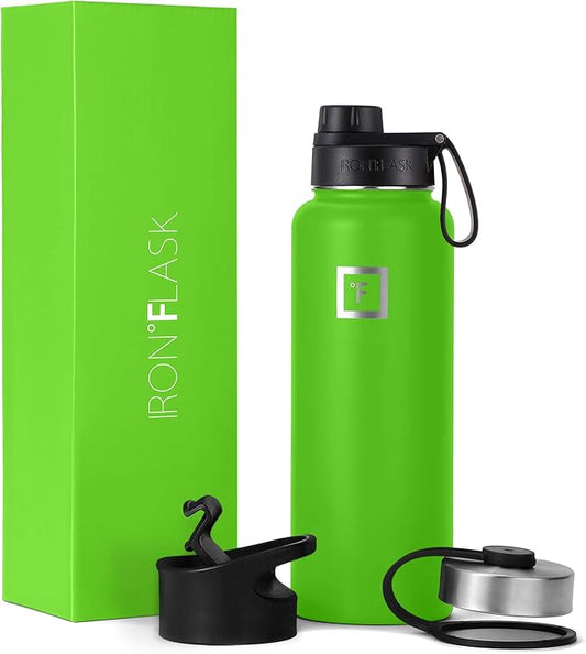 IRON °FLASK Camping & Hiking Hydration Flask, Wide Mouth, 3 Spout Lids, Stainless Steel Outdoor Water Bottle, Double Walled, Insulated Thermos, Metal Canteen - Kiwi Green, 40 Oz