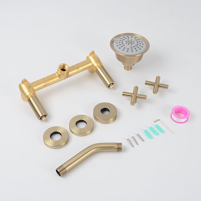 2 Handles Shower Faucet Set,Tub and Shower Trim Kit with Rough-in Valve,Wall Mounted 2 Knobs Single Function Shower Faucet,Brushed Gold,1A4MK