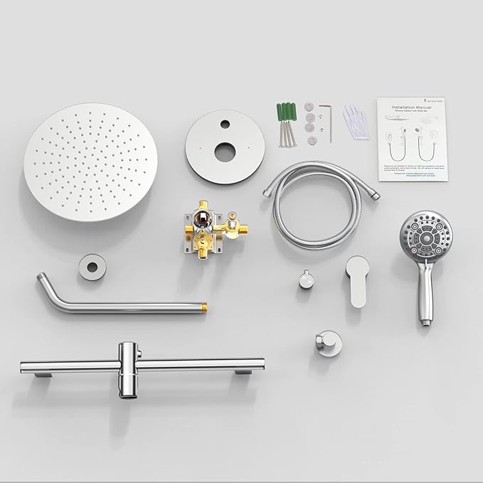 SR SUN RISE 12 Inch Shower System, Slide Bar Shower Faucets Sets Complete Round Shower Heads and 6-Spray Handheld Combo, Wall Mounted Dual Shower Set Included Valve and Trim Kit, Polished Chrome