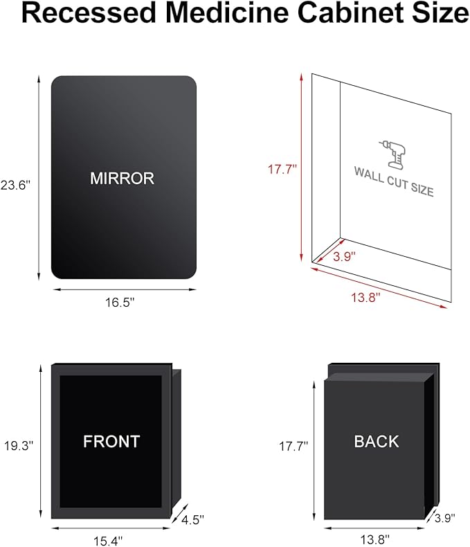 Black Lighted Medicine Cabinet Recessed Medicine Cabinets for Bathroom Medicine Cabinets with Mirror,3-Color LED Medicine Cabinet with Lights,Bathroom Mirror with Storage Wall Mounted,16x24