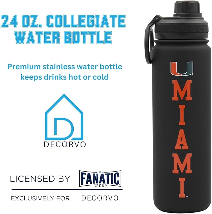 University of Miami Water Bottle - Black Double Walled Stainless Steel 24 oz Keeps Drinks Cold or Hot
