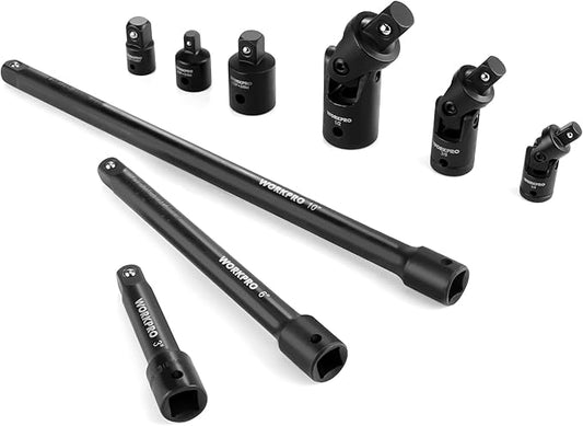 WORKPRO 9 PCS Socket Accessory Set, Includes 3/8" Impact Drive Extension Bar Set, 1/4", 3/8" & 1/2" Drive Universal Joints and Adapters, Premium Chrome Vanadium Steel with Black Phosphate Finish