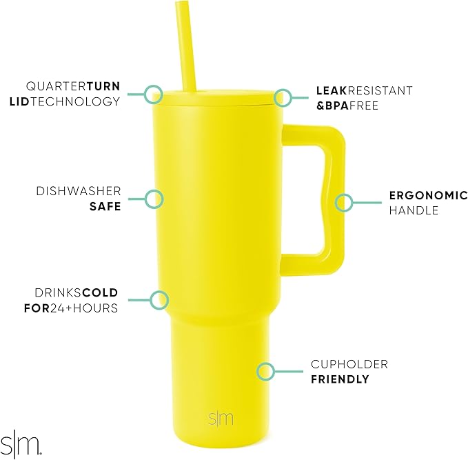 Simple Modern 40 oz Tumbler with Handle and Straw Lid | Insulated Cup Reusable Stainless Steel Water Bottle Travel Mug Cupholder Friendly | Gifts for Women Men Him Her | Trek Collection | Canary