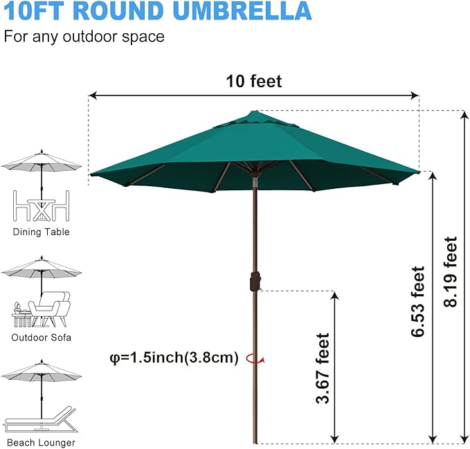 Eurmax USA 10-Year-Non-Fading 10Ft Market Umbrella Outdoor Patio Umbrella Table Umbrella with 8 Ribs,Hand Crank and Ventilation (Teal)