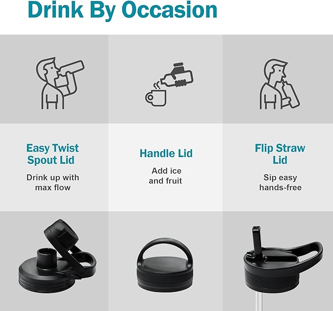 BUZIO Water Bottle with Straw lid, Spout Lid, Hand Lid and Carrying Pouch, 32oz 40oz 64oz Stainless Steel Water Flask Jug, Cold for 48 Hrs Hot for 24 Hrs Double Vacuum Thermo Canteen Mug, BPA-Free