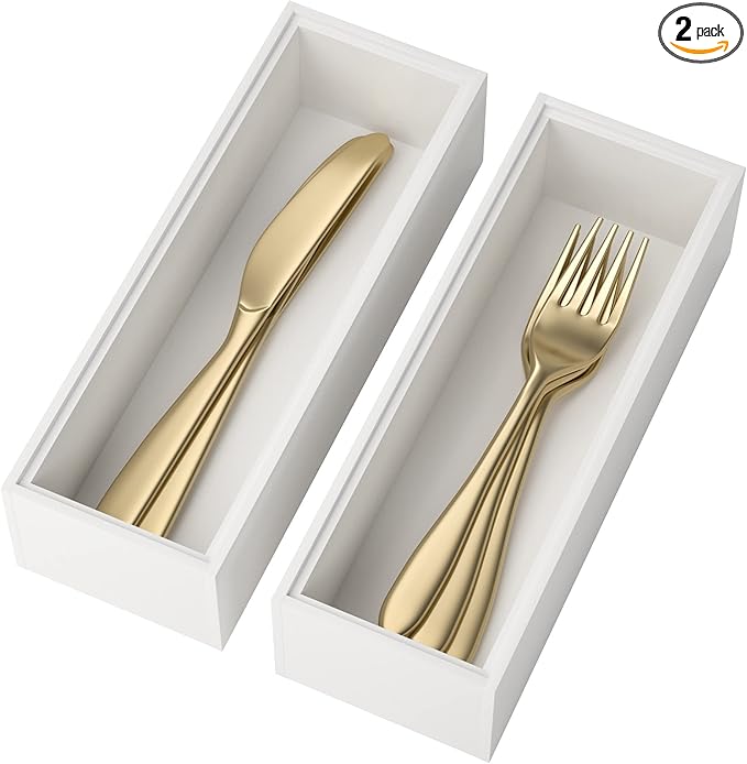 Utensil Organizer Silverware Drawer Organizer - Set of 2, Stackable Kitchen Organization, Bamboo Storage Box Tray for Kitchen Gadgets Bathroom Countertop (White)