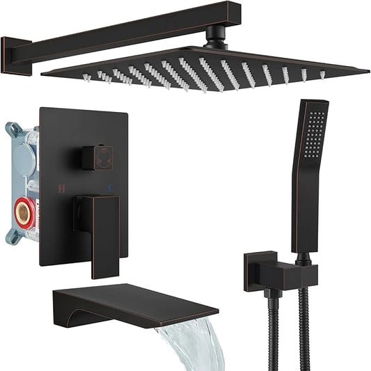 gotonovo Shower System with Tub Spout,Waterfall Tub Shower Faucet Set for Bathroom Head and Handle Set Wall Mounted 3 Function Rough-in Valve and Trim Included 12 inch Shower Head Oil Rubbed Bronze