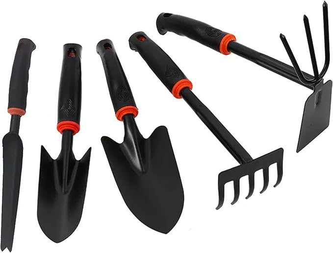 Garden Tool Set (Garden Tool Set, 5 Pieces, Gardening Tool Kit Including 2 Shovels, Rakes, Cultivators, and Transplanting Tools, Rust-Resistant Iron Tools, Rubber Grip Handles (5))