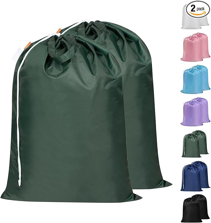 Polecasa Heavy Duty Large Laundry Bag with 130gsm Tear Resistant Fabric and Handles, Easy to Carry Durable Dirty Clothes Drawstring Bag, Perfect for College Dorm,Travel, 2 Pack 28”x36”,Green