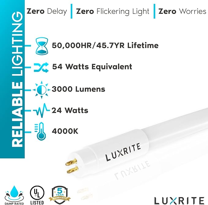 LUXRITE 30-Pack 4FT T5 LED Tube Lights, Type A+B, 24W=54W, 4000K Cool White, 45.78", Ballast and Ballast Bypass Compatible, Single or Double End Powered, F54T5 Fluorescent Replacement, Damp Rated