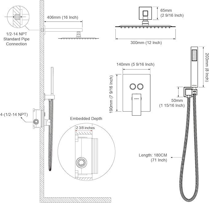 Shower System Shower Faucet Set with Push-Button Diverter and Wall Supply Elbow 12 Inch Shower Head Polished Chrome
